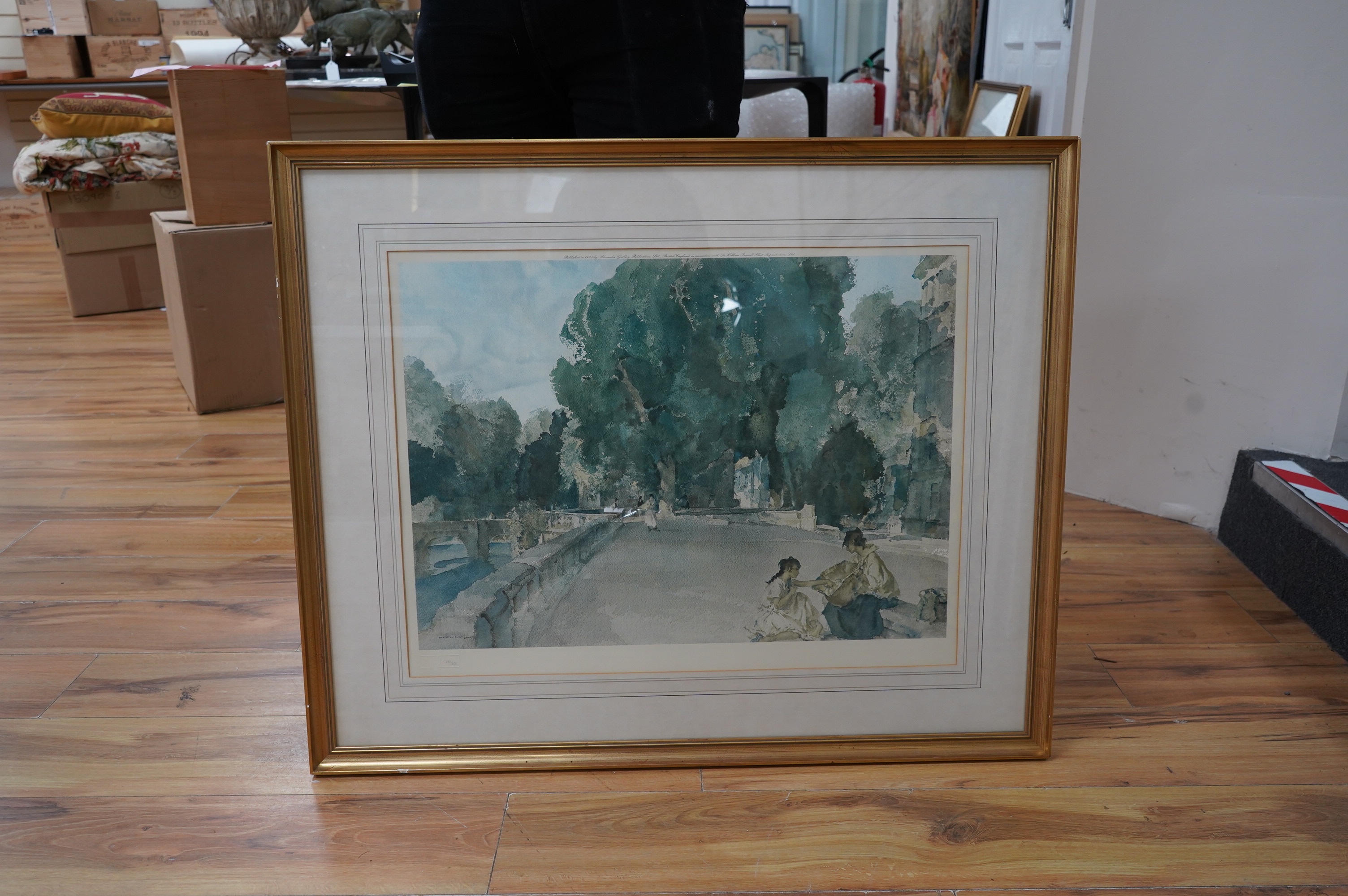 After William Russell Flint (1880-1969), colour print, Street scene with figures, unsigned, pencil numbered 287/650 blindstamped AGP, published 1975 by Alexander Gallery Publications Ltd. England, 48 x 62cm. Condition -